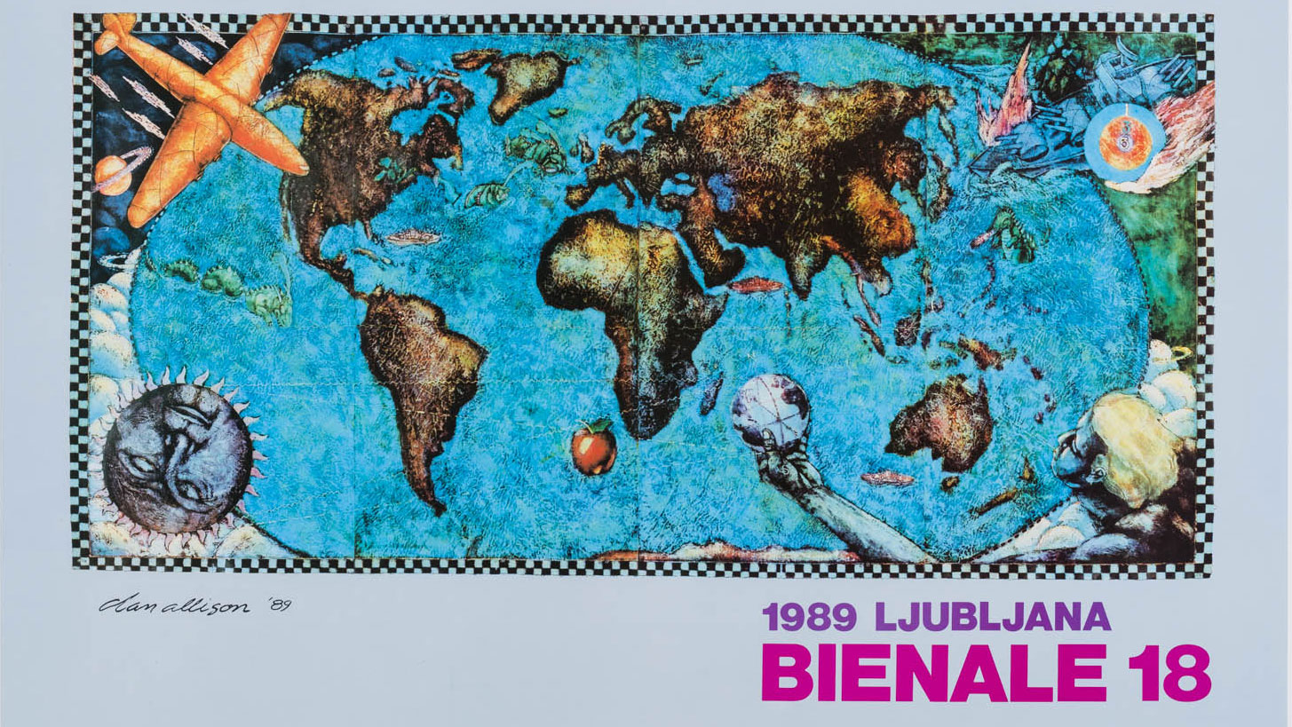 Poster fot the 18th edition of the International Biennial of Graphic Art, Ljubljana, 1989. The poster features a work by Dan M. Allison titled "Eden", which shows a stylized map of the world.